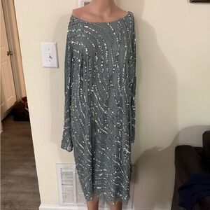 Adrianna Papell Womens Gray Beaded Formal Gown Long Sleeve Size 18W NWT $259